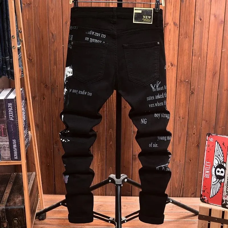 2025 Spring and Autumn New Fashion Trend Printed Black Straight Leg Jeans Men's Casual Comfort Breathable High Quality Pants — image 3