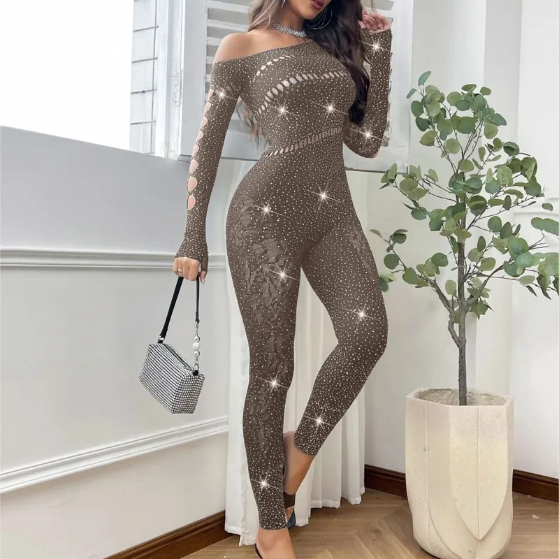 Combinaison Sexy en maille strass pour femmes, manches longues, transparente, bas de corps très extensibles, combinaison Club, grande taille, Stock Lingerie — image 12