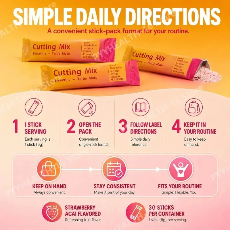 Berberine Yerba Mate Drink Mix Cutting Metabolism & Energy Support Strawberry Acai Flavor Gut Wellness 30 Stick Packs 180g