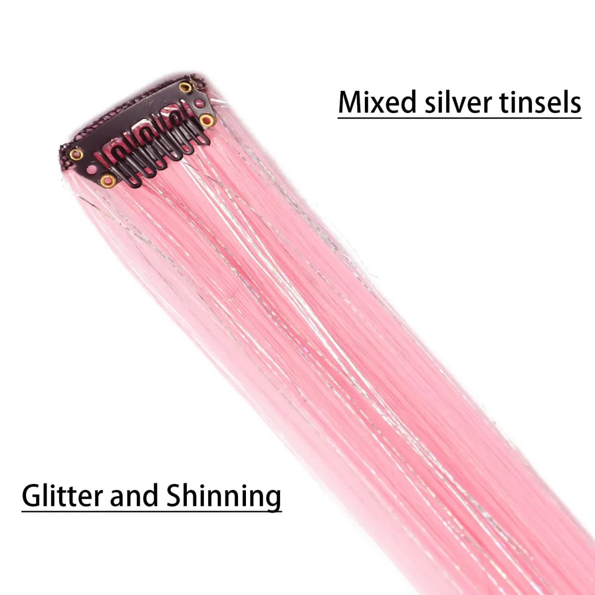 Clip in Pink Hair Extensions Mixed Silver Tinsels Synthetic Rainbow Hairpiece Holiday Party Highlights for Women Girls — image 4