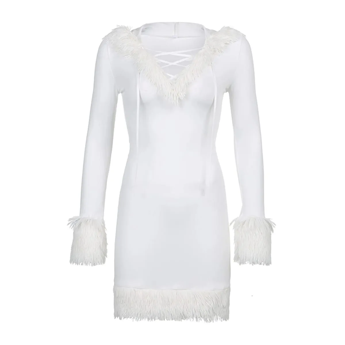 Women's Autumn Plush Trim Short Dress Long Sleeve V Neck Bandage Hooded Sweatshirt Dress Gothic Punk Clubwear