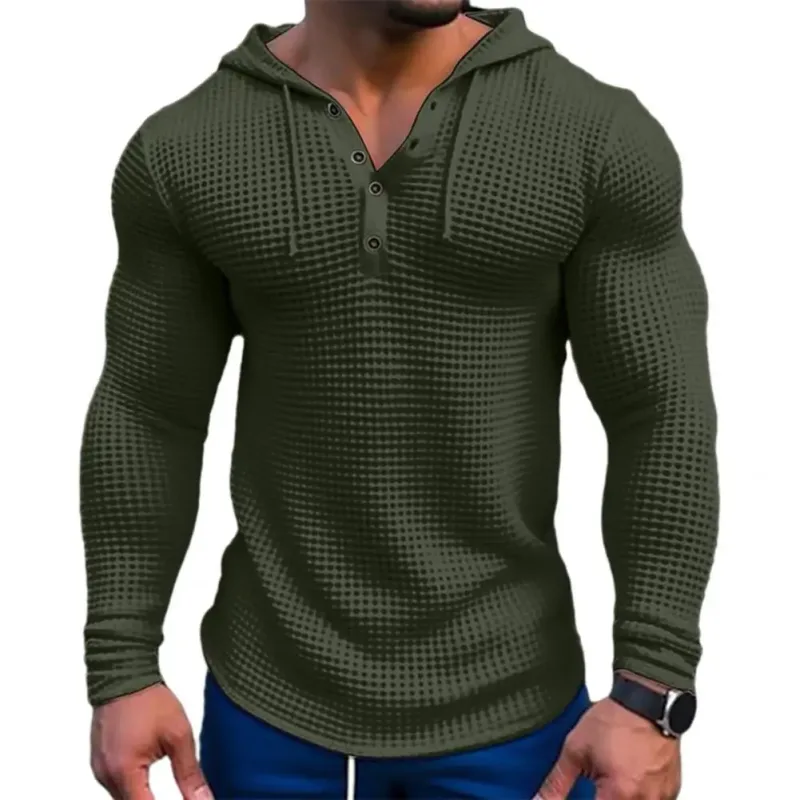 Spring Solid Color Slim Fit Long Sleeved T-shirt Men's Hooded Breathable Sports Top Waffle Cotton Casual Long Sleeved Shirt