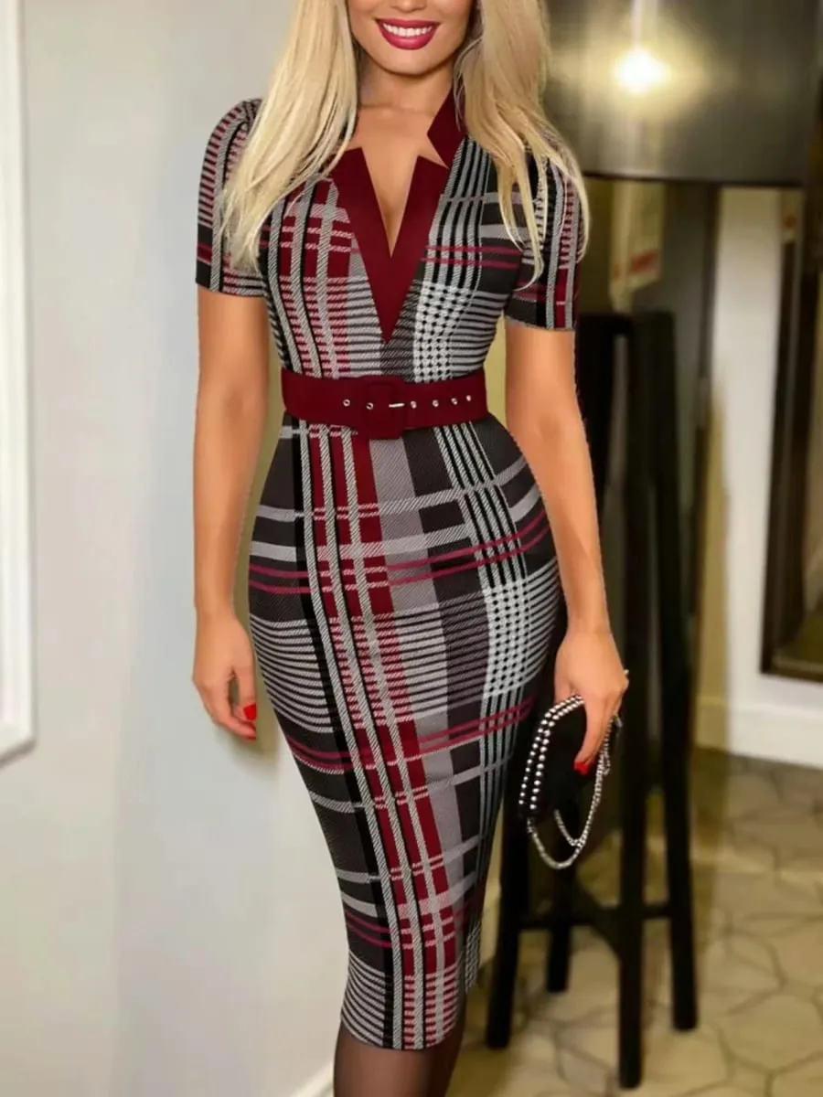 Women's Sexy Geometric Pattern V-Neck Midi Pencil Dress with Belt Long Sleeve Knit Bodycon Dress Suitable for All Seasons — image 4
