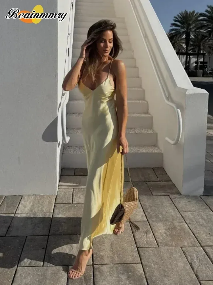 Żółta satynowa dekolt w szpic śpiewać długie sukienki moda damska Backless bez rękawów Maxi szaty moda kobiece suknie wieczorowe do klubu na imprezę — image 6