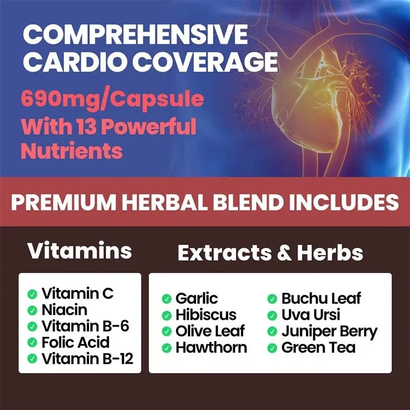 Blood Pressure Support Supplement - Heart Cholesterol Cardio - 13 Vitamins with Vitamins C B6 & B12 Hawthorn & Olive Leaf — image 3