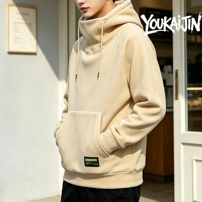 Men's Polar Fleece Sweatshirt Solid Color Street Style Autumn Winter Hood Sports Windproof Oversized High Collar Hoodie 5XL — image 8