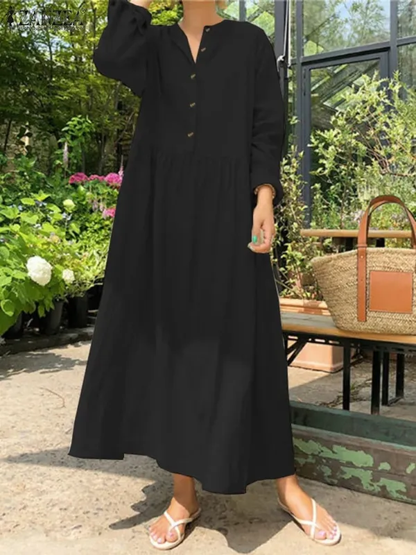 Abito elegante in cotone tinta unita da donna Femme 2022 Abito lungo bohemien primavera autunno ZANZEA Abiti casual a maniche lunghe oversize