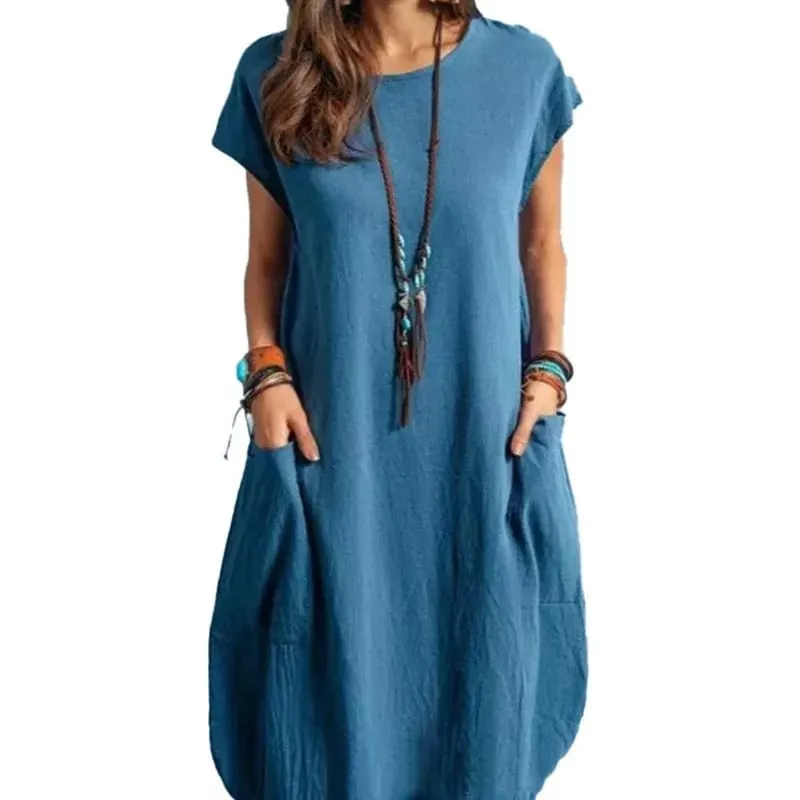Spring and Summer Europe and the United States Amazon Stand Alone ebay Cotton Linen Loose Casual Pure Color Pocket Dress Ladies