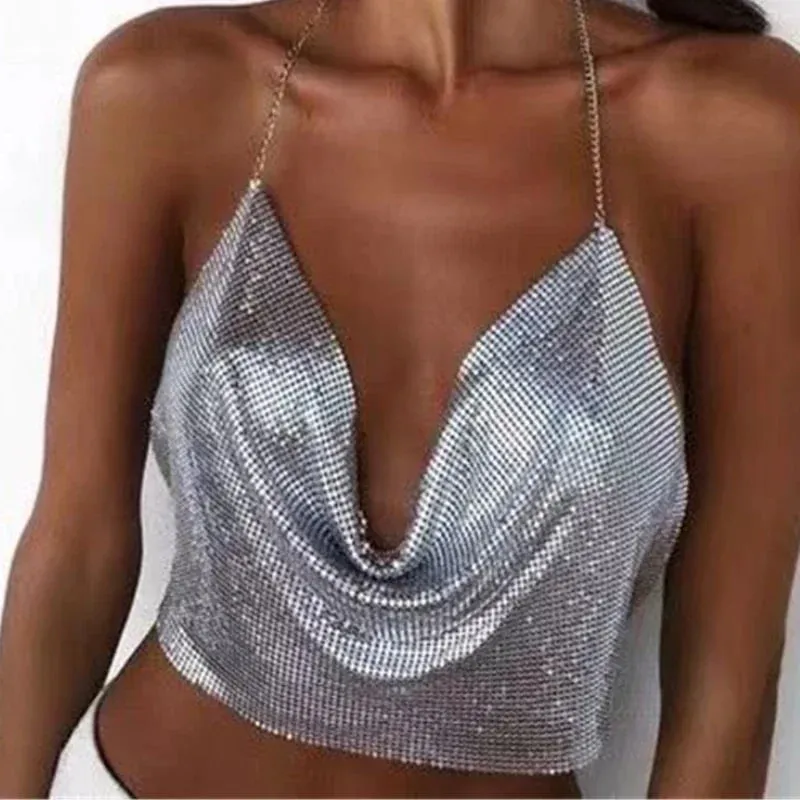 Sexy Tank Top Shiny Metal Sequins Bare Midriff Halter with Chain Crop Tops Women Sleeveless Cropped Vest Camis Tube Top Female — image 1
