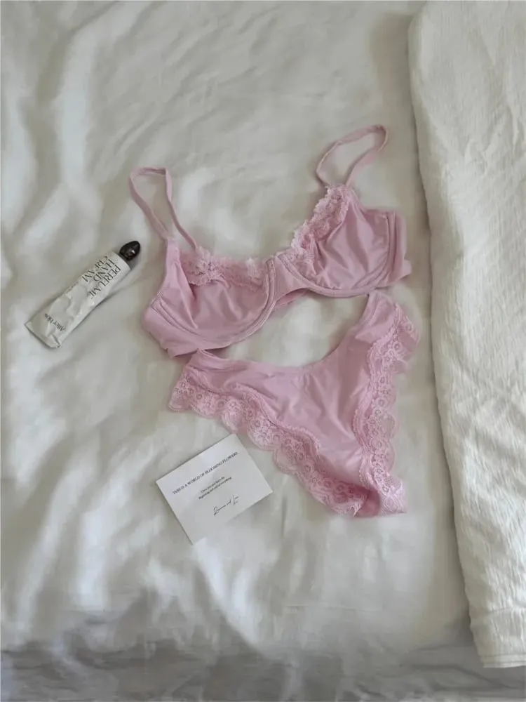 Rosafarbenes, ungefüttertes Vollschalen-BH-Set, Bügel, Spitzenbesatz, Lift, bequem, minimalistisch, nahtlos, hautfreundlich, Alltags-BHs und Höschen — image 5