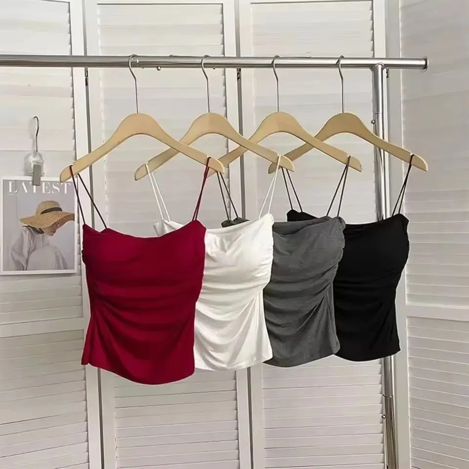 1 Pc Stylish Waist Pleated Corset - Soft support fixed chest pad sleeveless vest Sexy short top with thin straps Solid color — image 4