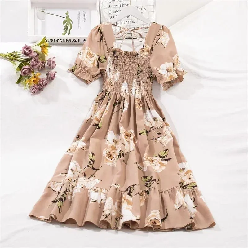 Spring Summer Chiffon Dresses Fashion Female Elastic Waist Short Sleeve Pleated Casual Dress Women A-line Dresses Vestidos — image 1