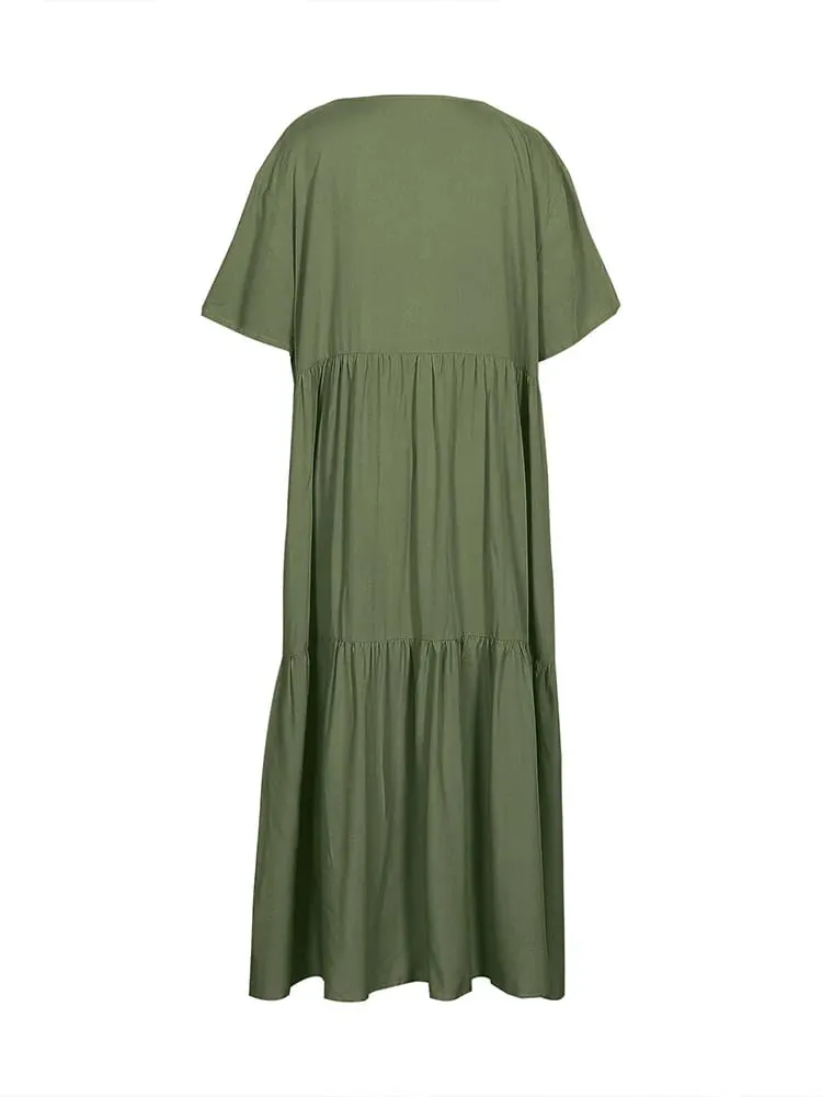 plus Size Women's Casual Loose V-Neck Solid Long Dress Spring Summer Pleated Big Size Women's Dress — image 4