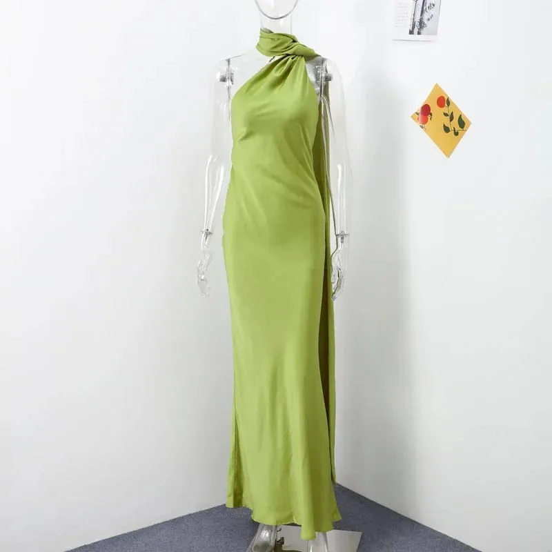 Sexy Satin Ribbon Halter Party Dress Women Elegant Backless Off Shoulder Sleeveless Dresses 2026 Summer New Famale Solid Robes