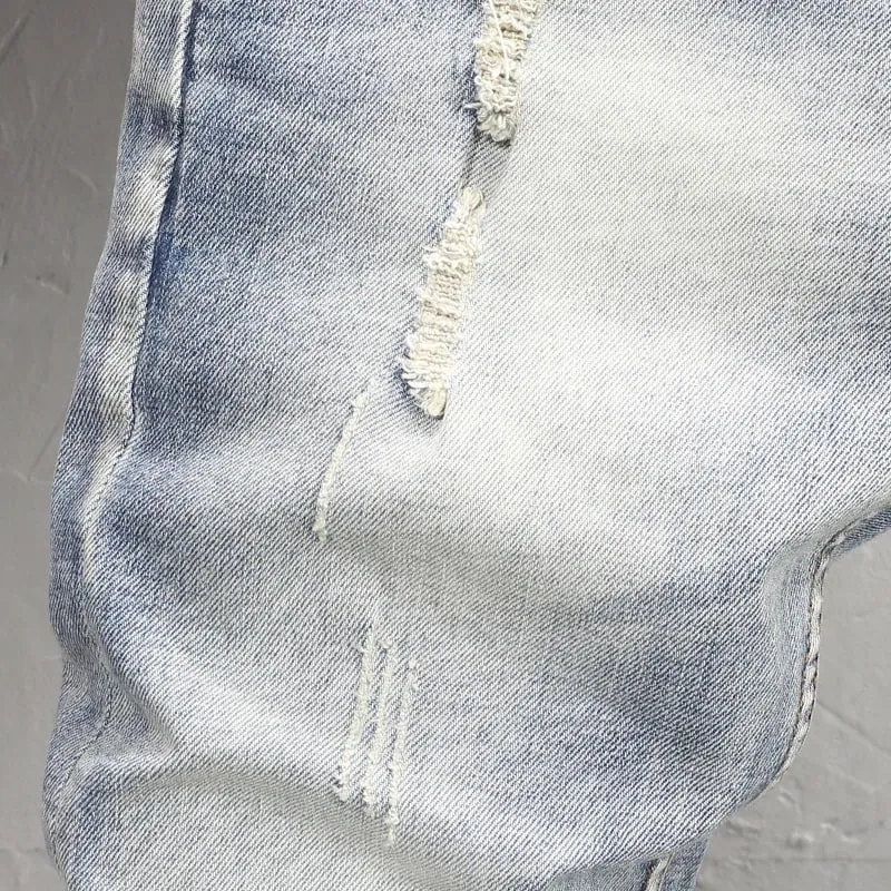 Designer Fashion Men Jeans High Quality Retro Light Blue Stretch Slim Fit Ripped Jeans Men Y2K Embroidery Vintage Denim Pants — image 6