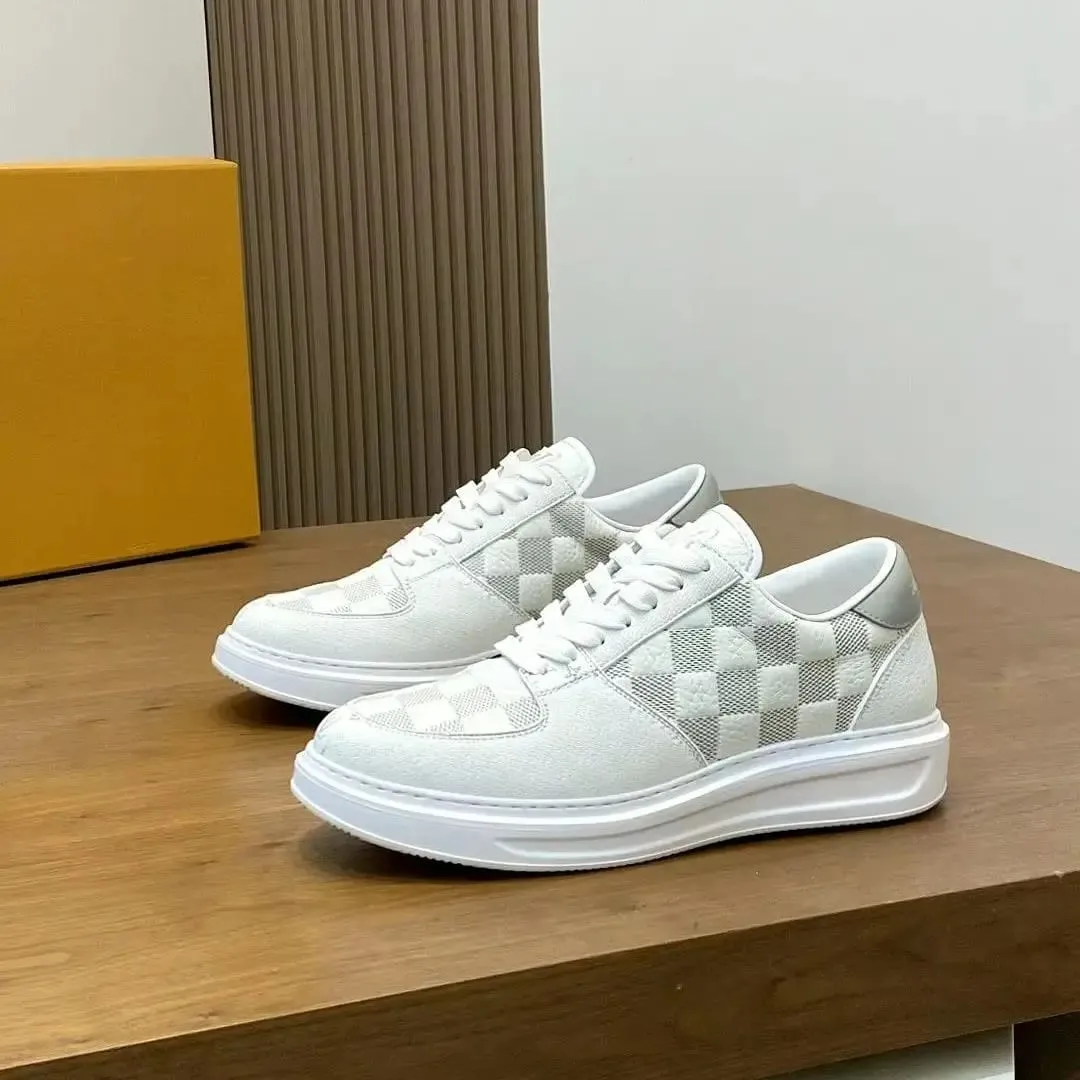 Grain Leather Low‑Top Skate Sneakers Grey White Checkerboard Print Patchwork Non‑Slip Rubber Sole Minimal Versatile Daily Walking Shoes