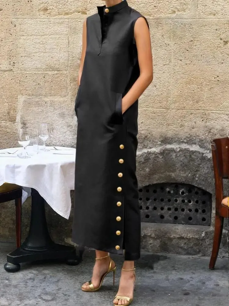 Yeezzi Women Fashion Split-Side Buttoned Stand Collar Evening Dresses 2026 New Sleeveless Solid Color H-Line Casual Shirts Dress — image 1