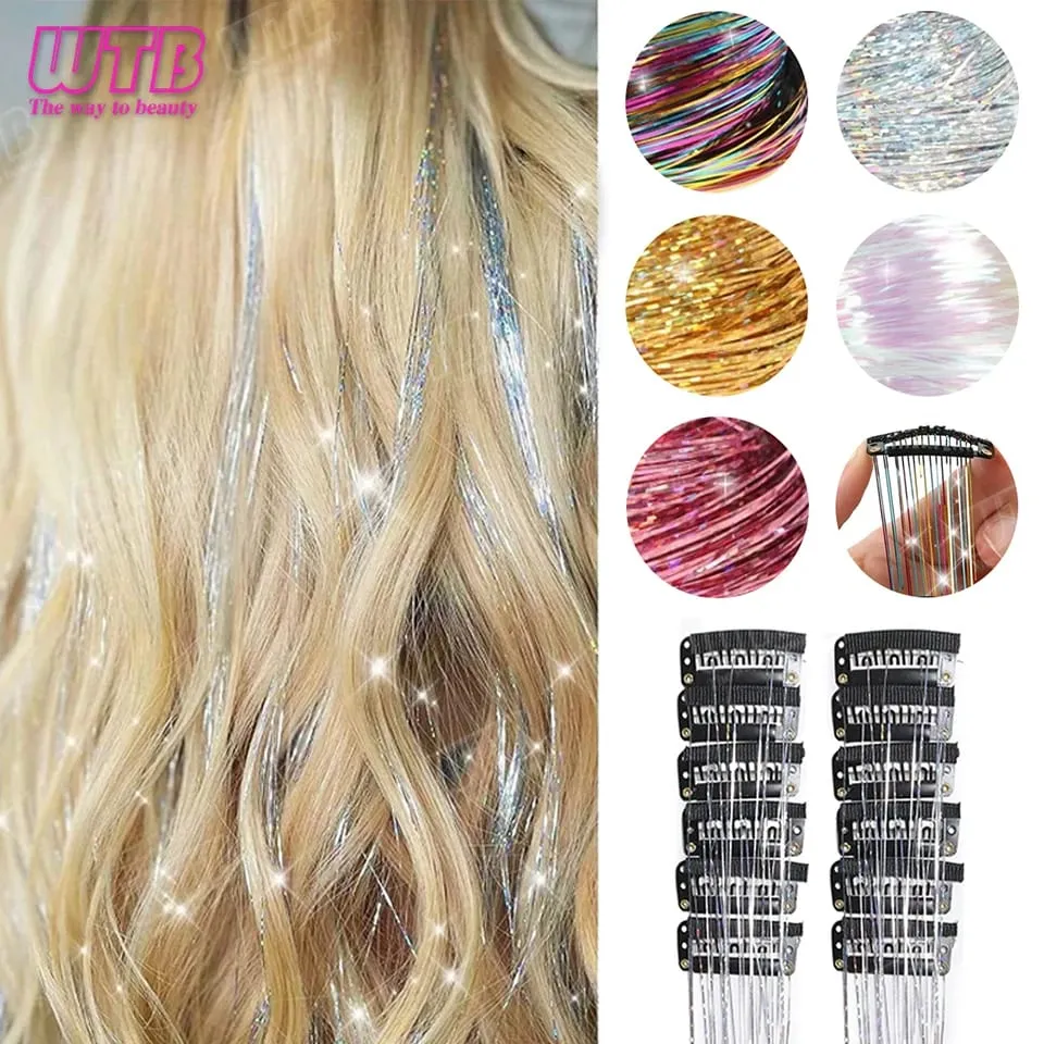 12Pcs Synthetic Hair Tinsel Clip In Glitter Tinsel Hair Extensions Clip In Hair Shiny Sparkle Fairy Hair Accessories For Women — image 2