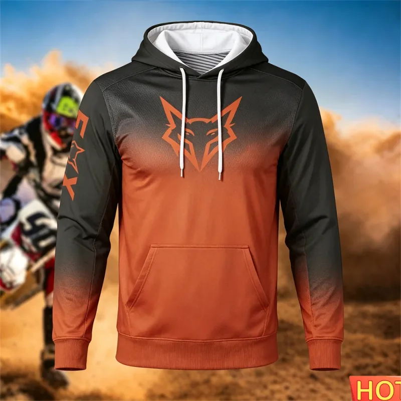 Sweat à capuche de course pour hommes, automne/hiver, cyclisme en plein air, pull à capuche, motif renard, poche, sport, moto, sweat-shirt à capuche — image 2