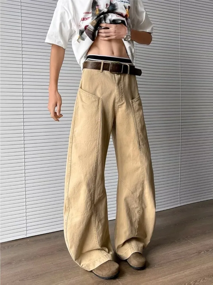 2025 Chic Y2K Fashion Khaki Patchwork Pleated Baggy Jeans Pants For Men Clothing Wide Leg Casual Loose Long Trousers Ropa Hombre — image 5