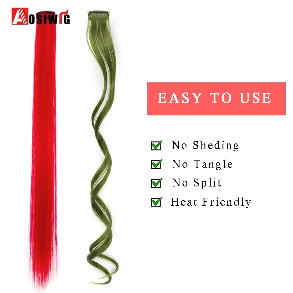 22" Synthetic Long Straight Rainbow Highlight Colored Hair Extensions Clip In One Piece Ombre Pink Purple Green Yellow For Wome — image 3