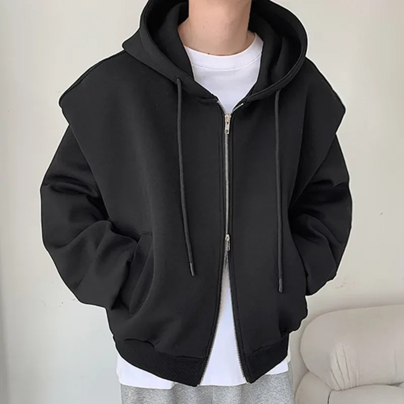 2024 Autumn New Padded Shoulder Design Solid Streetwear Men Double Zip-up Hooded Sweatshirts Harajuku Casual Daily Hoodies — image 7