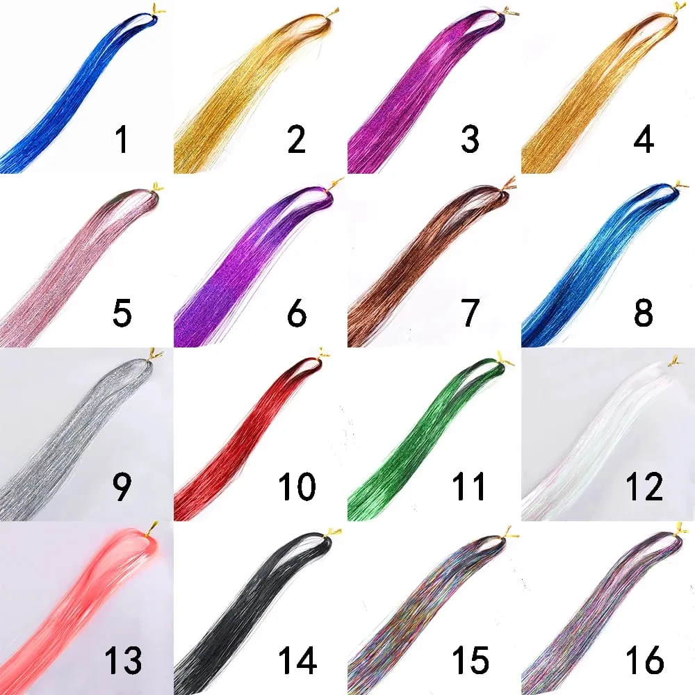 110cm Colorful Shiny Threads Glitter Hair Tinsel Kit Gold Purple Blue Silk Hair Glitter String Extensions Accessories for Women — image 6