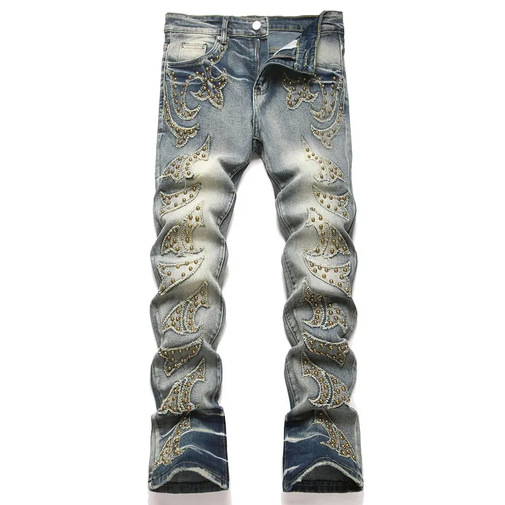 Men Slim Boot Cut Denim Jeans Punk Rivet Patch Stretch Pants Streetwear Blue Flared Trousers