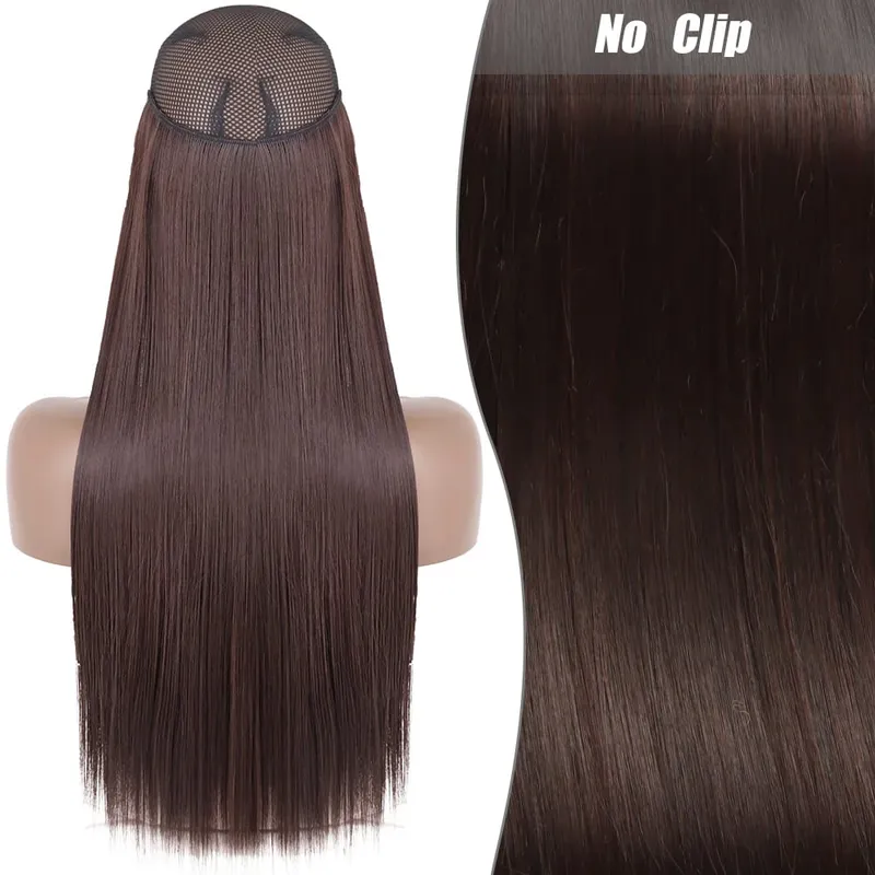 Synthetic Long Wavy No Clips Invisible Wire Hair Extensions Black Brown Blonde Fish Line False Hairpiece Piece — image 27