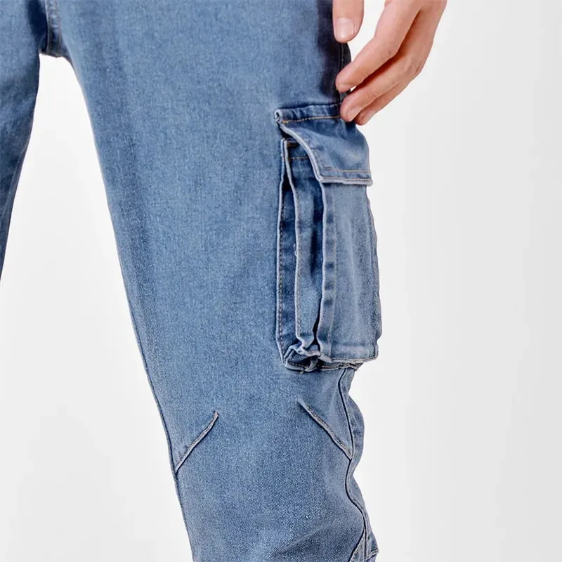 Men's Street Style Elastic Waist Denim Cargo Pants Solid Color Washed Slim Fit Casual Jeans with Multiple Pockets for Daily Wear — image 3