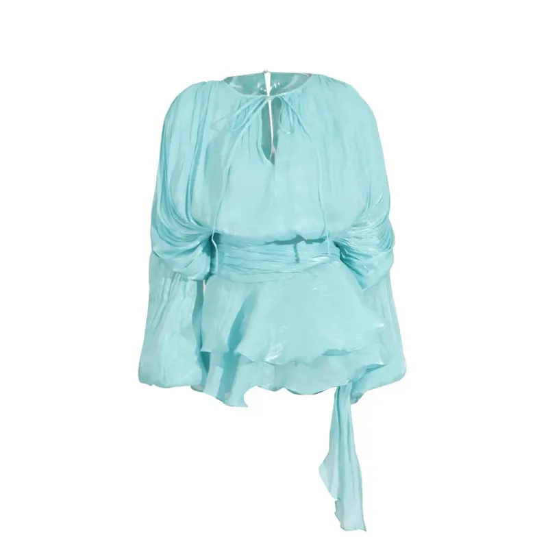 Top Beige chemisier uni Mini robes pour femmes col en V à manches longues épissé à lacets Style doux robe femme vêtements mode P7WI — image 13