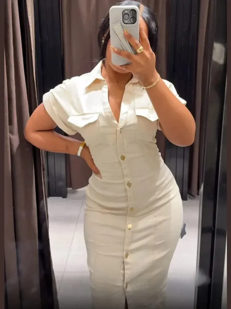 White Single Breasted Denim Dress Elegant Short Sleeve Lapel Bodycon Women's Dresses 2026 Summer Lady Chic Commute Street Robes — image 6