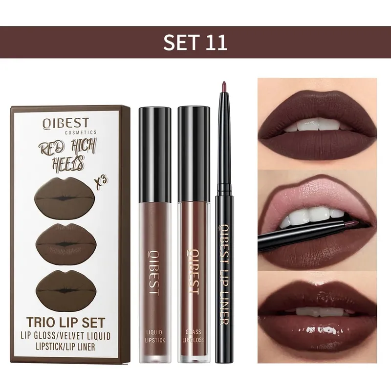 Matte Liquid Lipstick&Lip Liner&Lip Gloss 3Pcs Sets Long Lasting Non-stick Cup Red Black Purple Lip Tint Cosmetics Kits — image 18