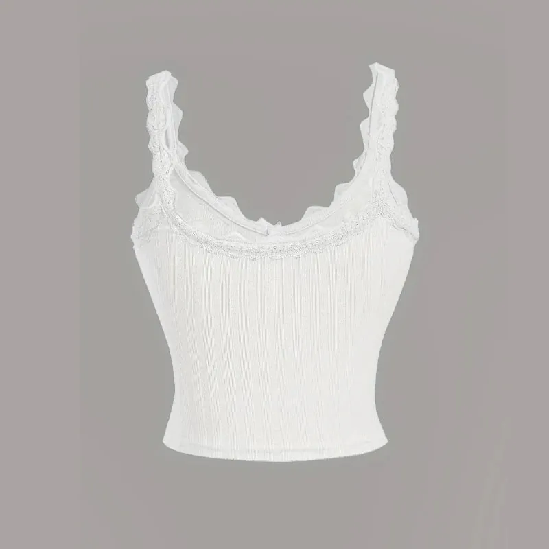 Women's Camisole Ribbed Lace Patchwork Crop Top Y2k E Girls Clothes Fairy Grunge Style Cropped Tees Cami Ribbed Knitted Tank Top — image 2