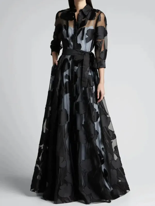 Elegant Three-Quarter Sleeve Knotted Waist Jacquard Mesh Maxi Dress for Women No Lining Transparent Club Party Long Dress