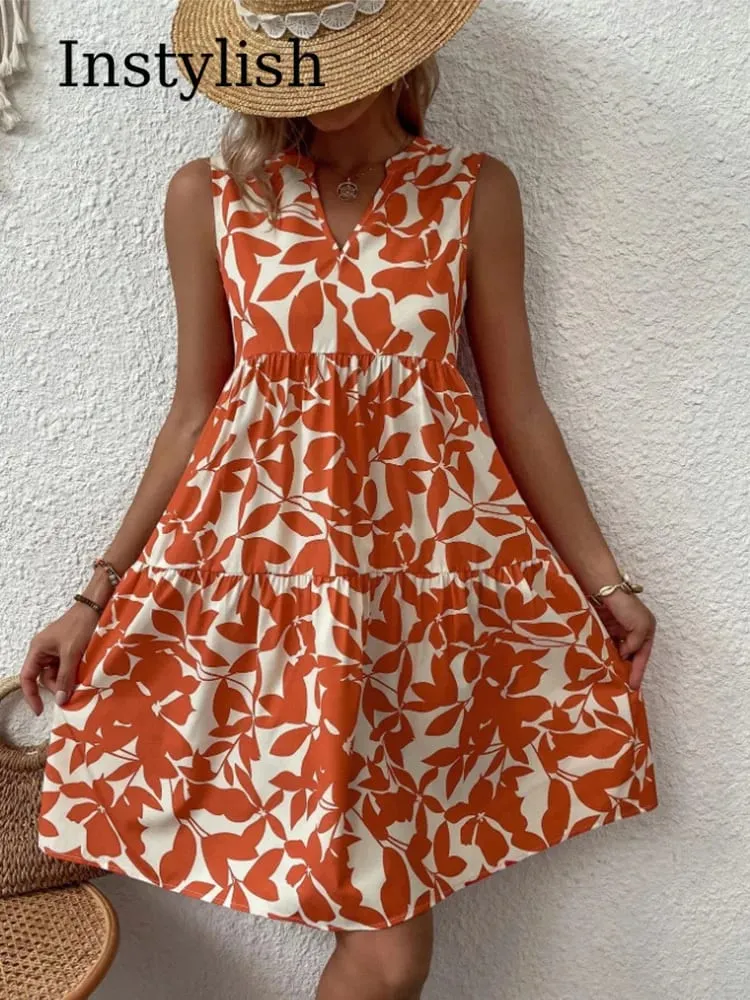 Damen Boho-Druck-Minikleid, Sommer, elegant, ärmellos, V-Ausschnitt, Rüschen, A-Linie, Tank-Kleid, lässig, locker, übergroß, Strand, Party, Sommerkleid — image 4