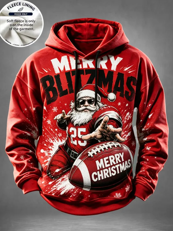 Men Fleece Lined Hoodie Santa Beer Christmas Tree Print Pullover Hooded Sweatshirt Holiday Hoody