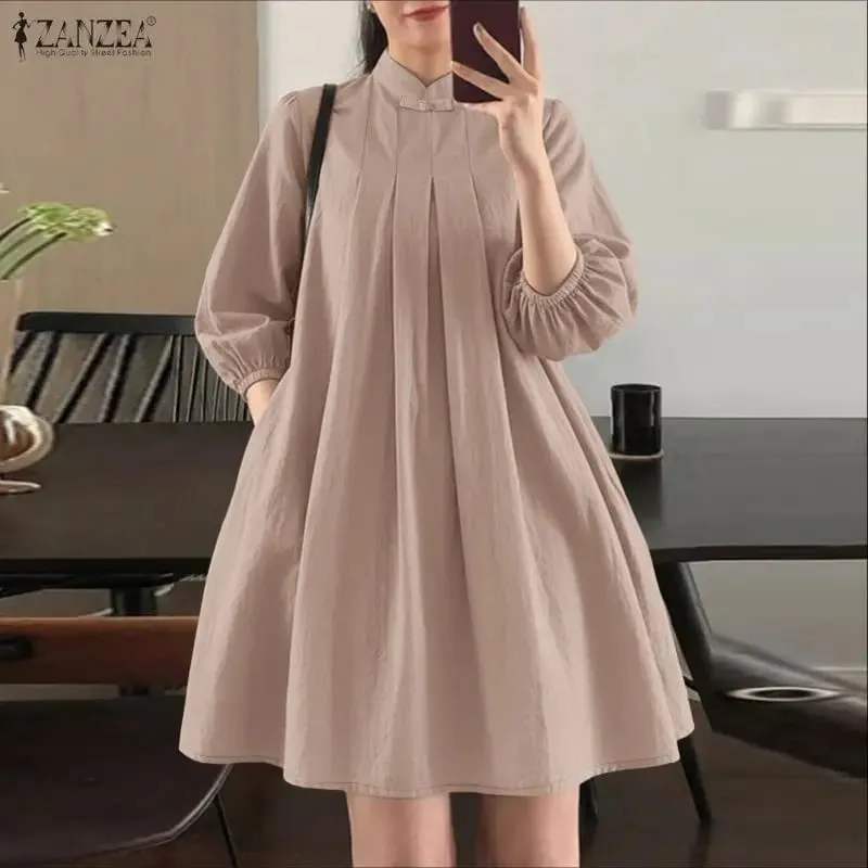 ฤดูร้อนผู้หญิง Elegant จีบชุดคอ 3/4 พัฟแขน Crinkled A-Line เข่าความยาวชุดลำลอง Robes femme — image 4