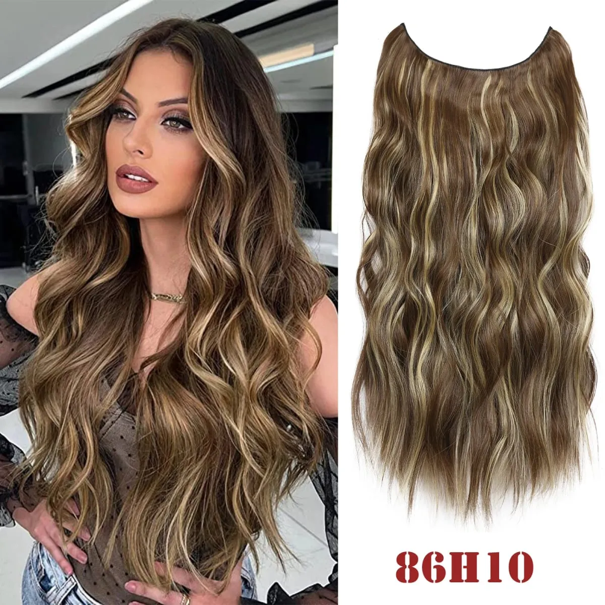 Invisible Wire Hair Extension Wavy Curly Synthetic Hairpiece Long 20Inch Fish Line Hair With 2 Clip-In One Piece For White Woman — image 13