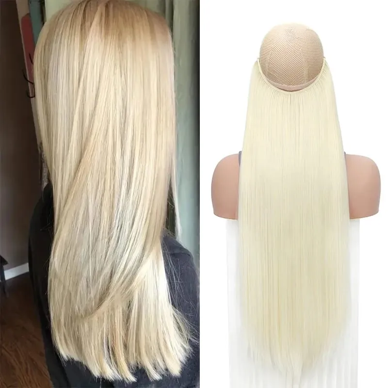 24Inch Synthetic No Clips In Hair Extension Fish Line Invisible Black Blonde One Piece Long Straight Fake Hair Piece for Women