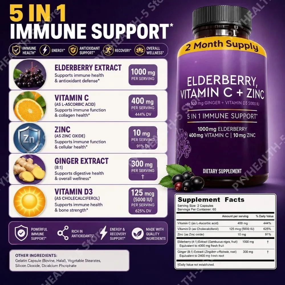 Cápsulas de sabugueiro com vitamina C, zinco D3, gengibre, sambucus, mistura de ervas de sabugueiro preto, suporte diário de bem-estar para adultos