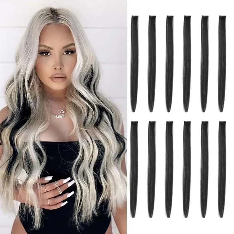 12 Pcs Clip in Hair Extensions 22 Inch Colored Hair Extensions Party Highlights Long Straight Synthetic Hairpieces for Women — image 2