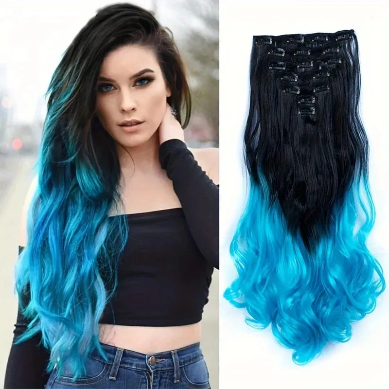 Clip in Long Wavy Synthetic Hair Extension 22 Inch Black 7PCS Thick Hairpieces Fiber Double Weft Hair for Women