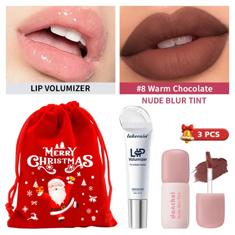3 Pcs Christmas Lip Set Lip Volumizer Serum & Nude Blur Lip Tint Moisturizing Plumping Long Lasting Matte Lip Makeup Holiday Kit