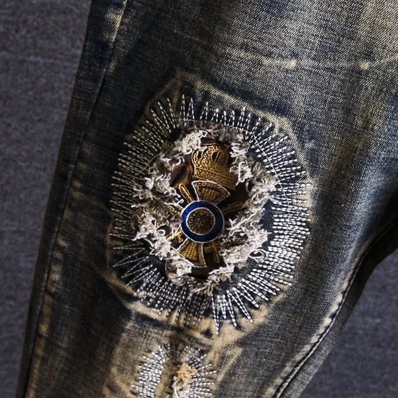 2023 Spring and Autumn New Classic Fashion Embroidered Patch Straight Leg Jeans Men's Casual Comfort Stretch High Quality Pants