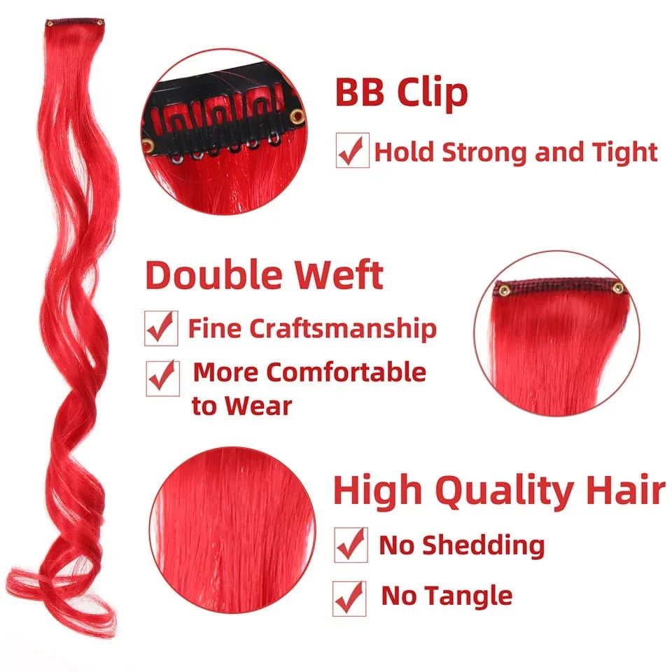 Synthetic Hair Extensions With One Clip Heat Resistant Rainbow Hair Piece For Kid Women Long Curly Wavy Style Colorful Hair