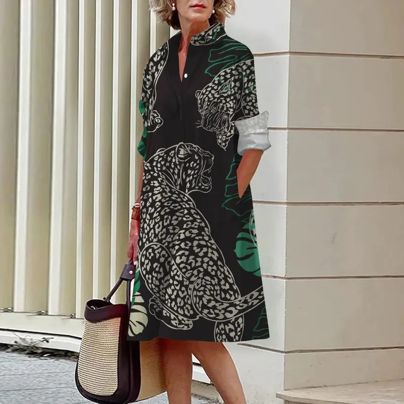 2024 Elegant Ladies Long Sleeve Shirt Dress Lapel Button Exquisite Printing Mid-Length Dress Casual Loose Commuter Shirt Dresses — image 14