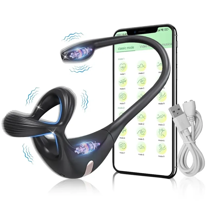 Cincin Zakar Bergetar Lelaki Pengurut Prostat Perangsang untuk Lelaki Kawalan APP Mainan Seks untuk Pasangan Penggetar Dubur Cincin Zakar Palam Punggung