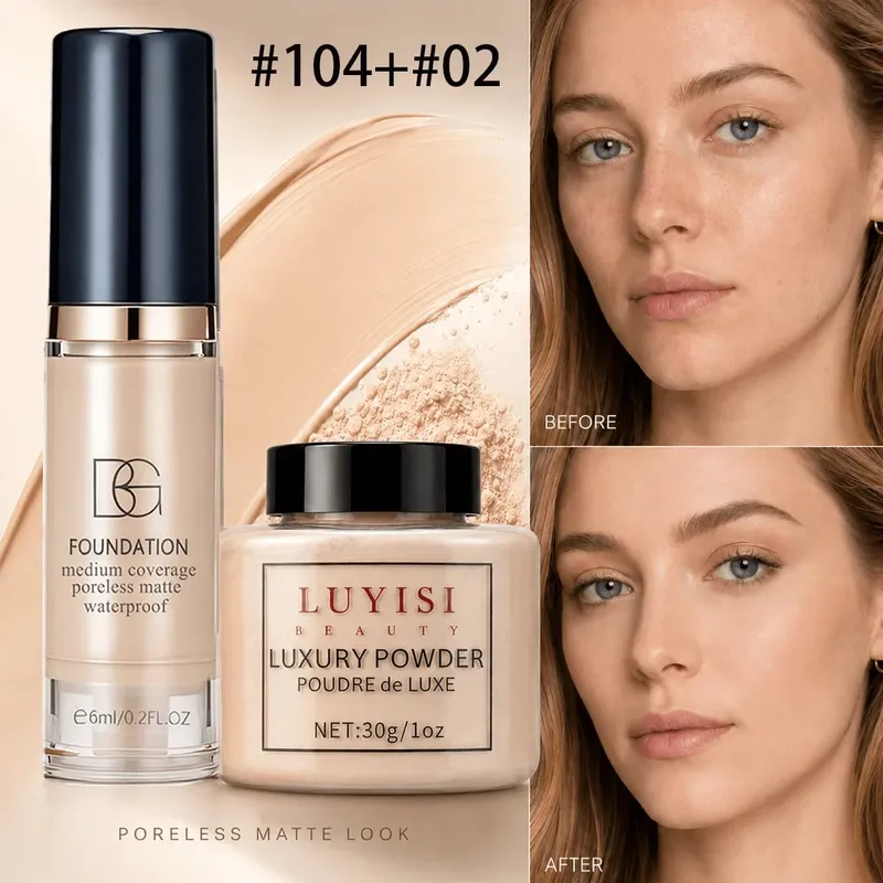 Facial Makeup Set:1pc Matte Loose Powder+1pc Waterproof Fundation High-Coverage Long-Lasting Oil Control Creat Natural Looks. — image 10
