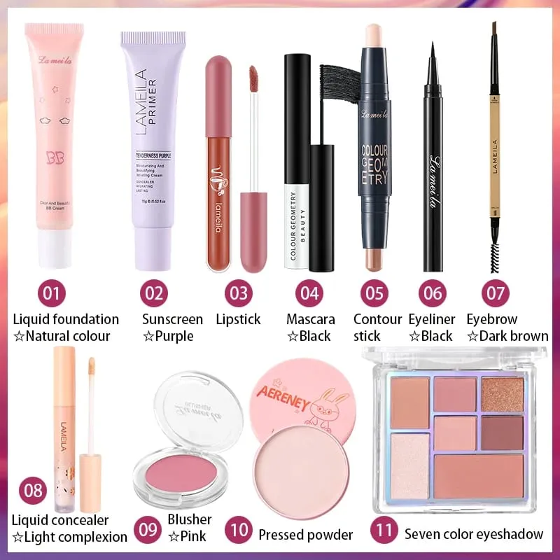 47PCS Set Waterproof Makeup Set BB Cream Eyebrow Pencil Eye Shadow Eyeliner Pencil Mascara Lipstick Loose Powder Brush Tool Set